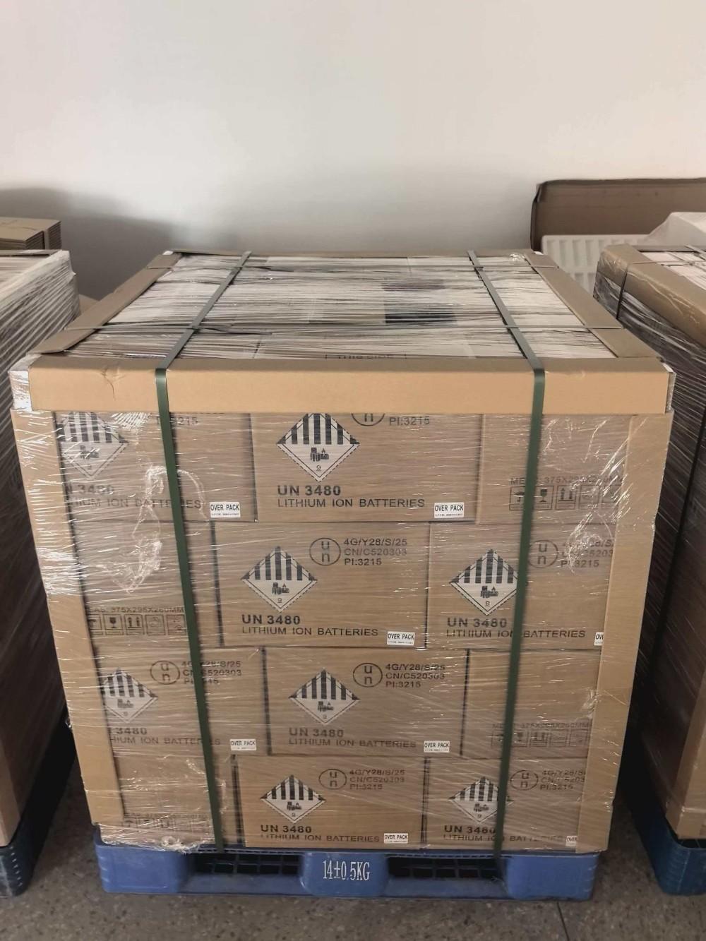 托盘打包装载的UN3480锂离子电池UN纸箱与第9类危险品标签